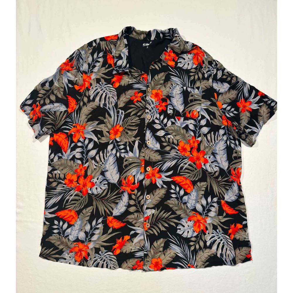 KS Island Mens 3XL Tall Tropical Floral Button Down Shirt Black Orange Leaf
